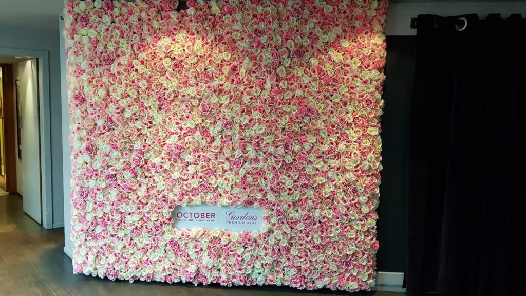 A stunning, vibrant pink and white rose flower wall for an event